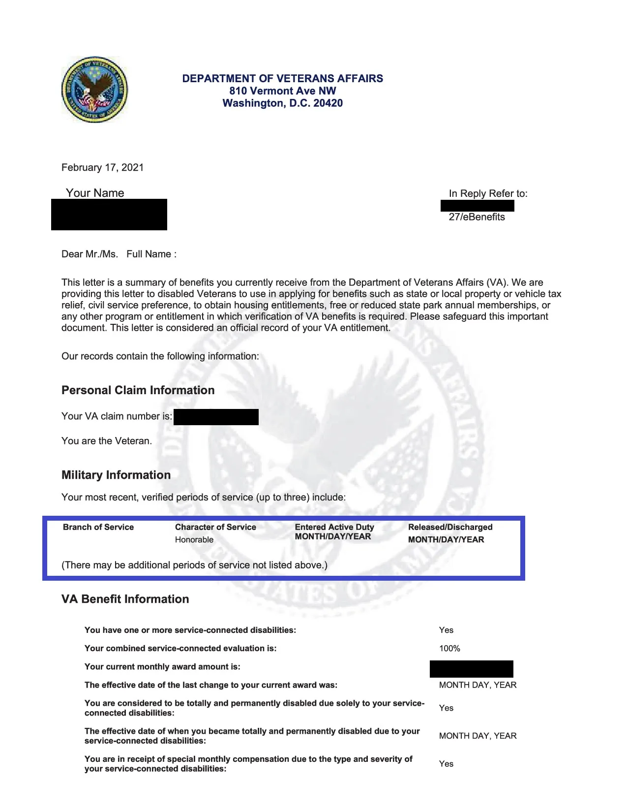 Example VA benefits letter with the veteran's name, disability rating, and effective date visible, and sensitive identifiers redacted.